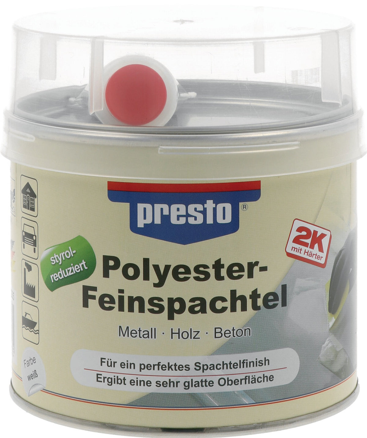 PRESTO 2K-Feinspachtel weiß mit rotem Härter – 6x 250g Dosen