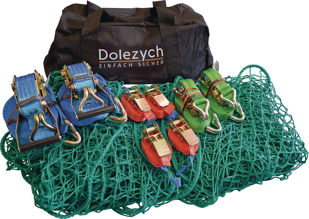 DOLEZYCH Ladungssicherungsset Handwerker 9-teilig mit Sporttasche – Zurrgurte & Abdecknetz
