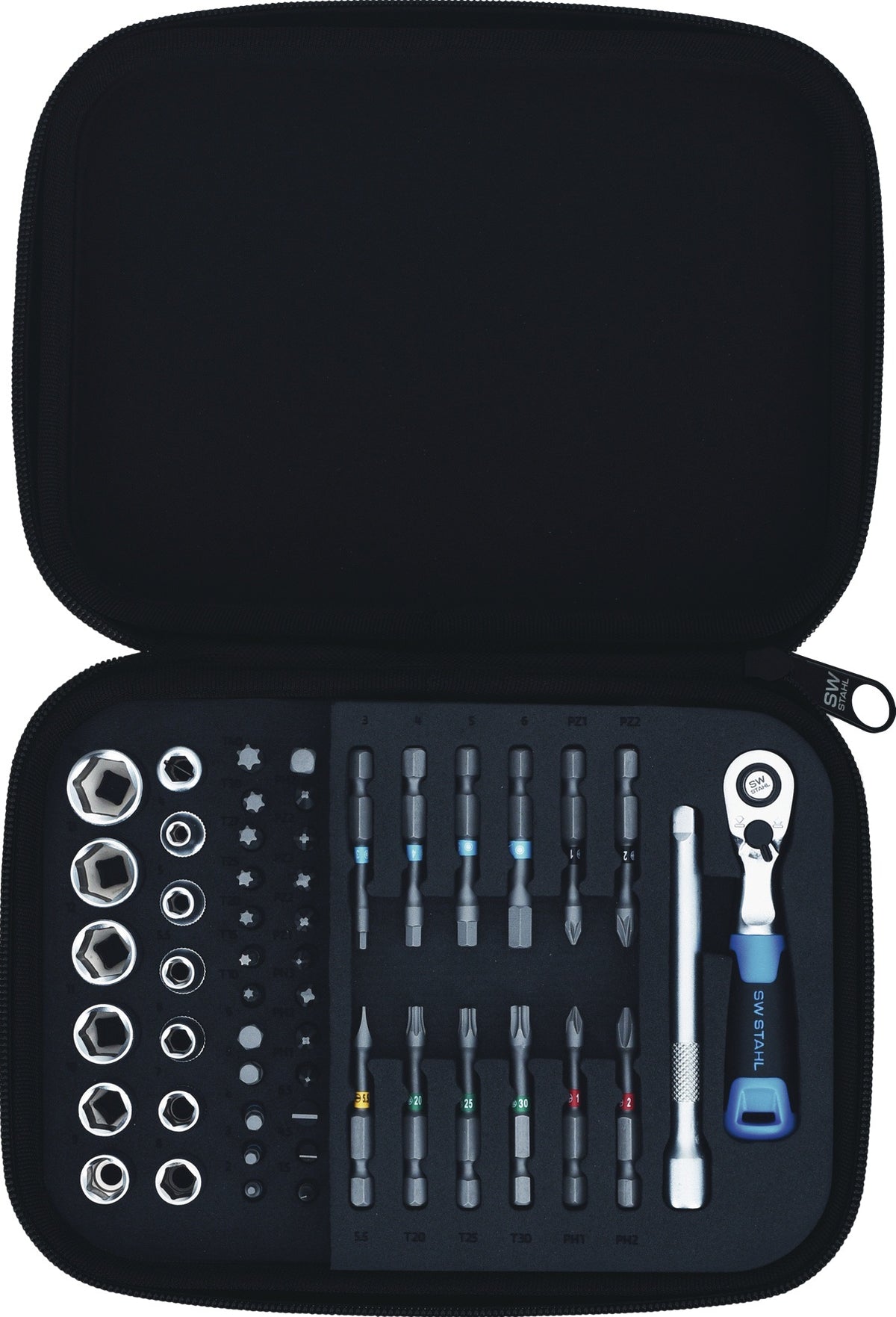 SW-Stahl CRAFT BOX 53-tlg. Bitsortiment mit Mini-Bitratsche 1/4" – Schlitz/PH/PZD/TX/6kt.