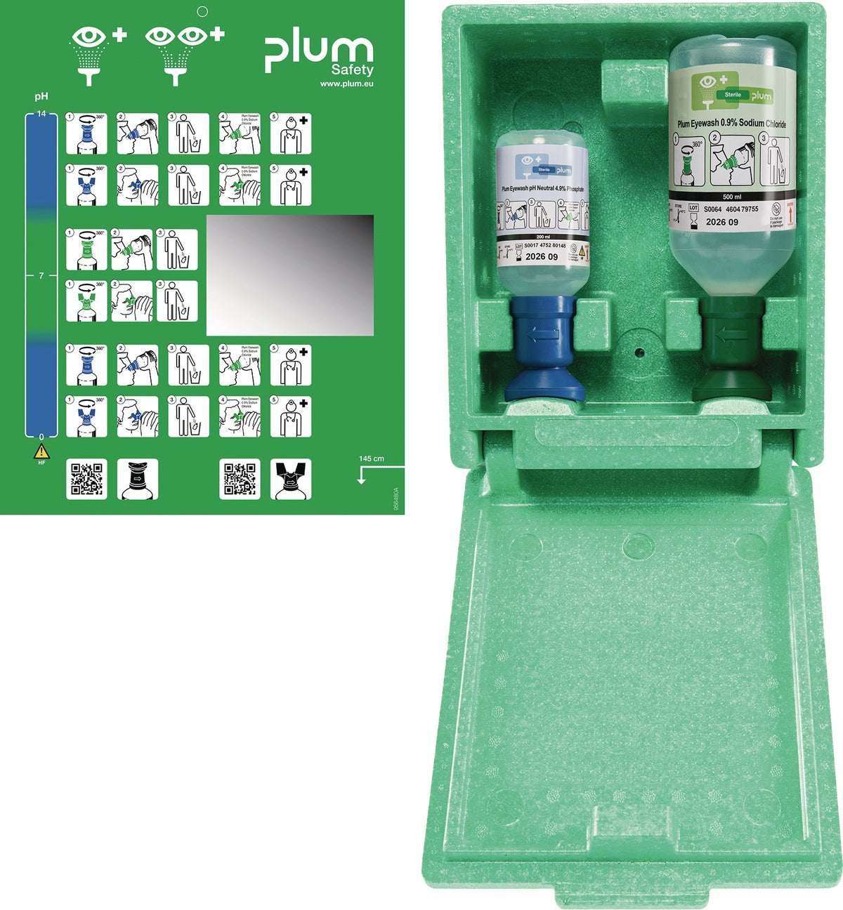 PLUM Augennotfallstation mit 200 ml pH Neutral und 0,5 l Augenspülung – Wandbox