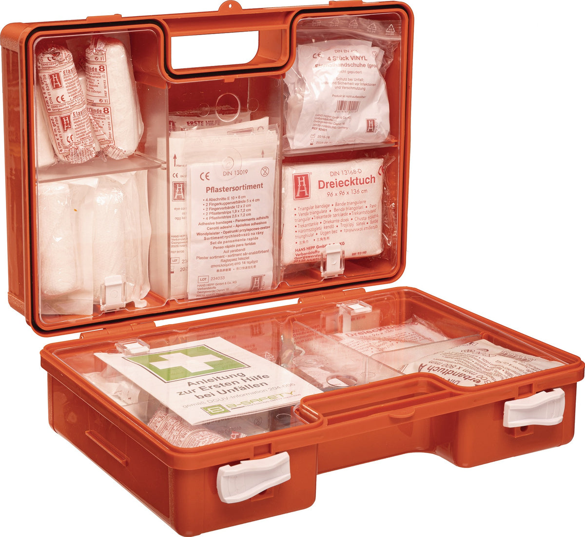 Erste Hilfe Koffer DIN 13157-2021 von B-SAFETY – Schlagfest, orange, 310x210x130 mm