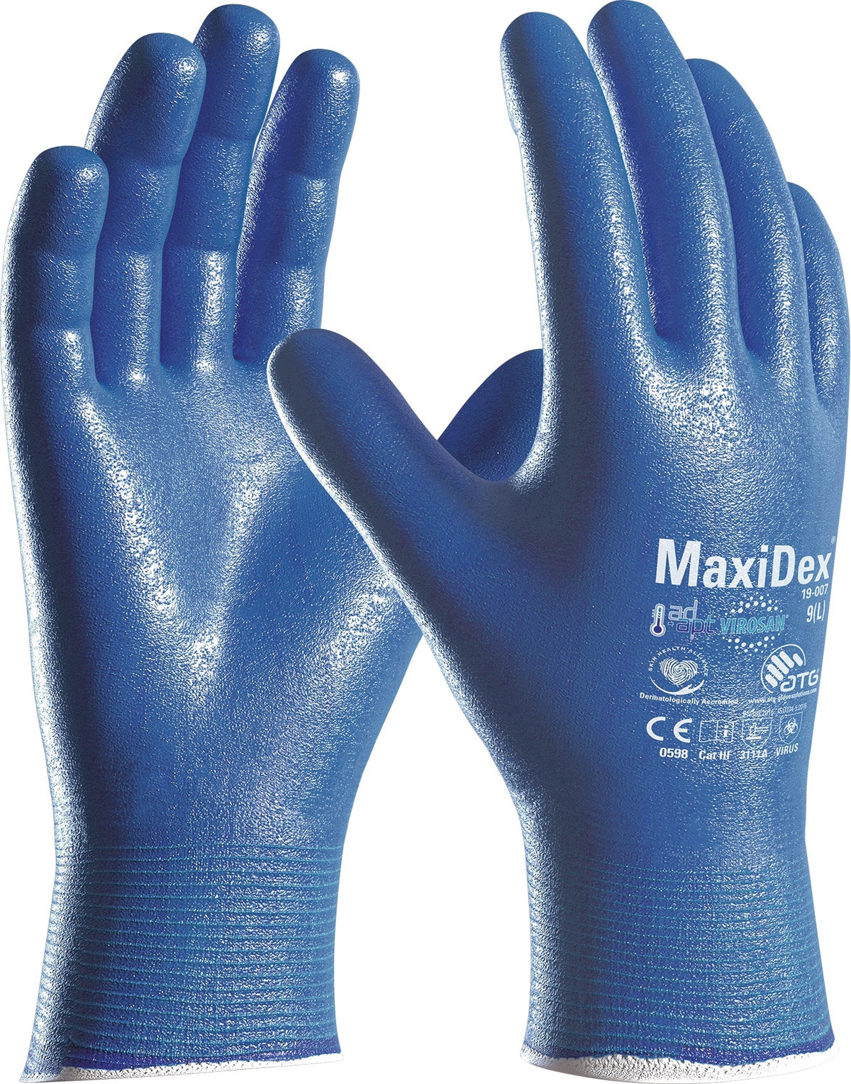 Handschuhe MaxiDex® Gr. 8 blau von ATG – Nitril-Vollbeschichtung mit ViroSan™ & AD-APT®