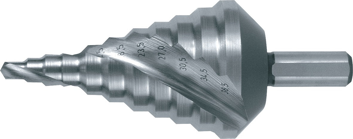 RUKO Stufenbohrer HSS spiralgenutet 5,3–30,5 mm mit 9 Stufen für Kabelverschraubungen