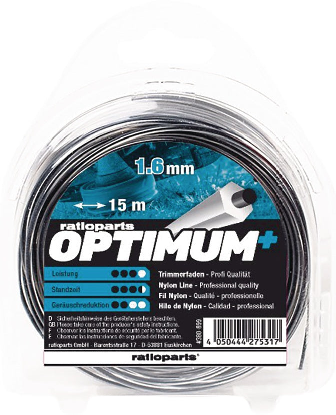RATIOPARTS Nylonfaden Optimum 1,6 mm x 15 m – 5-Kant Schneidfaden für Motorsensen