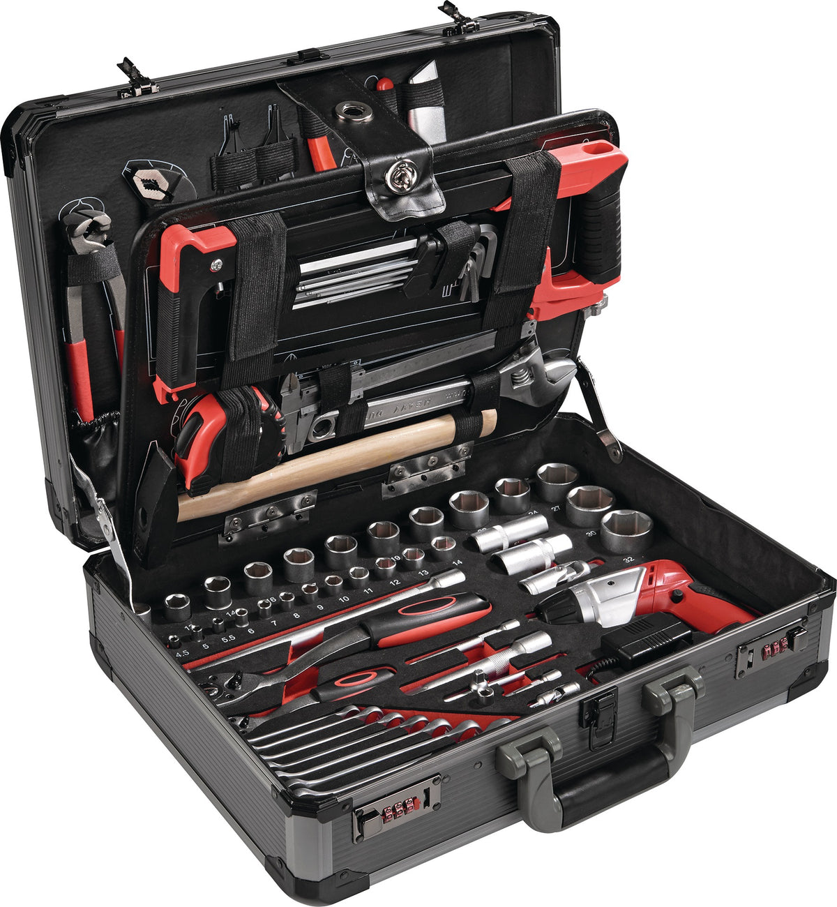 NOW Werkzeugsortiment 136-teilig im Aluminium-Rahmenkoffer mit Akkuschrauber