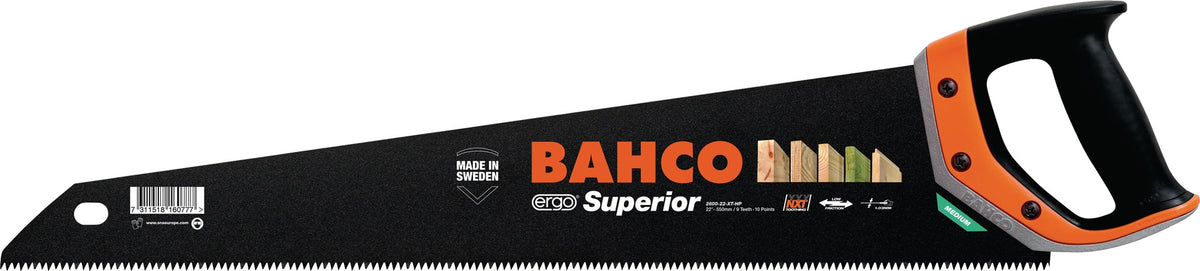BAHCO Handsäge ERGO Superior mit XT-Zahnung, 550 mm Blatt, 9/10 ZpZ – für Holz und Kunststoff