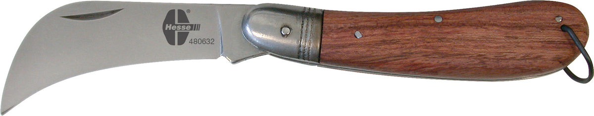 HESSE Gurtbandmesser 185 mm mit gebogener Klinge aus Karbonstahl und Buchenholzgriff