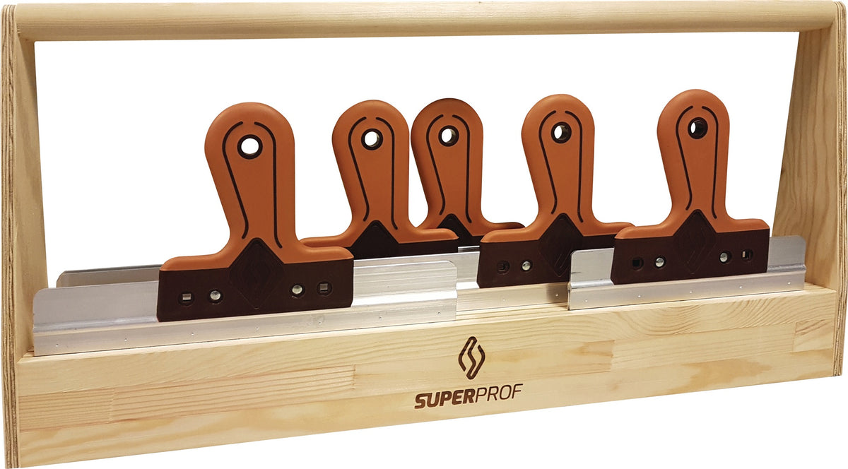 Flächendekorspachtel-Set Pure für Gips von Super Prof – 5-teiliges Set mit Ledergriff in Holzkiste