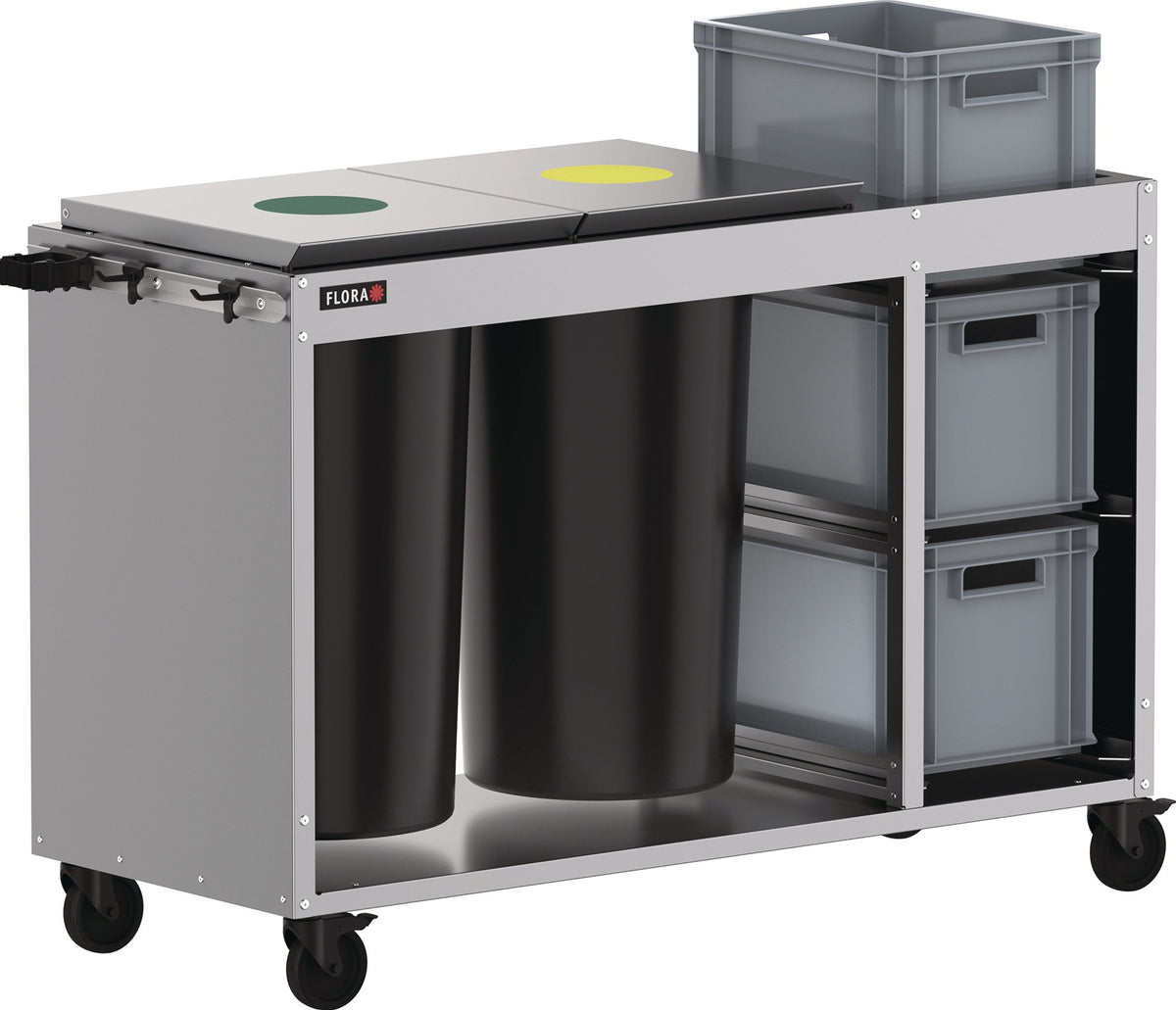 FLORA Reinigungswagen 2 Tonnen á 60 l, 3 Kisten STA – Verzinkter Stahl, 5 Gerätehalter