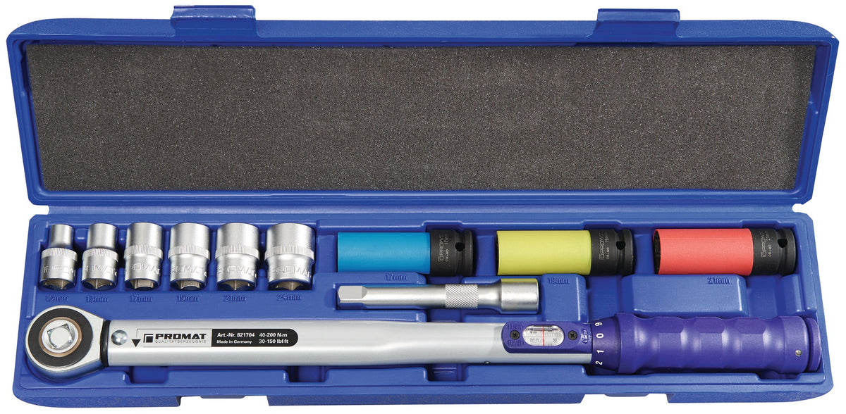 PROMAT Drehmomentschlüsselset 12-teilig 40-200 Nm 1/2 Zoll mit 9 Einsätzen & Verlängerung