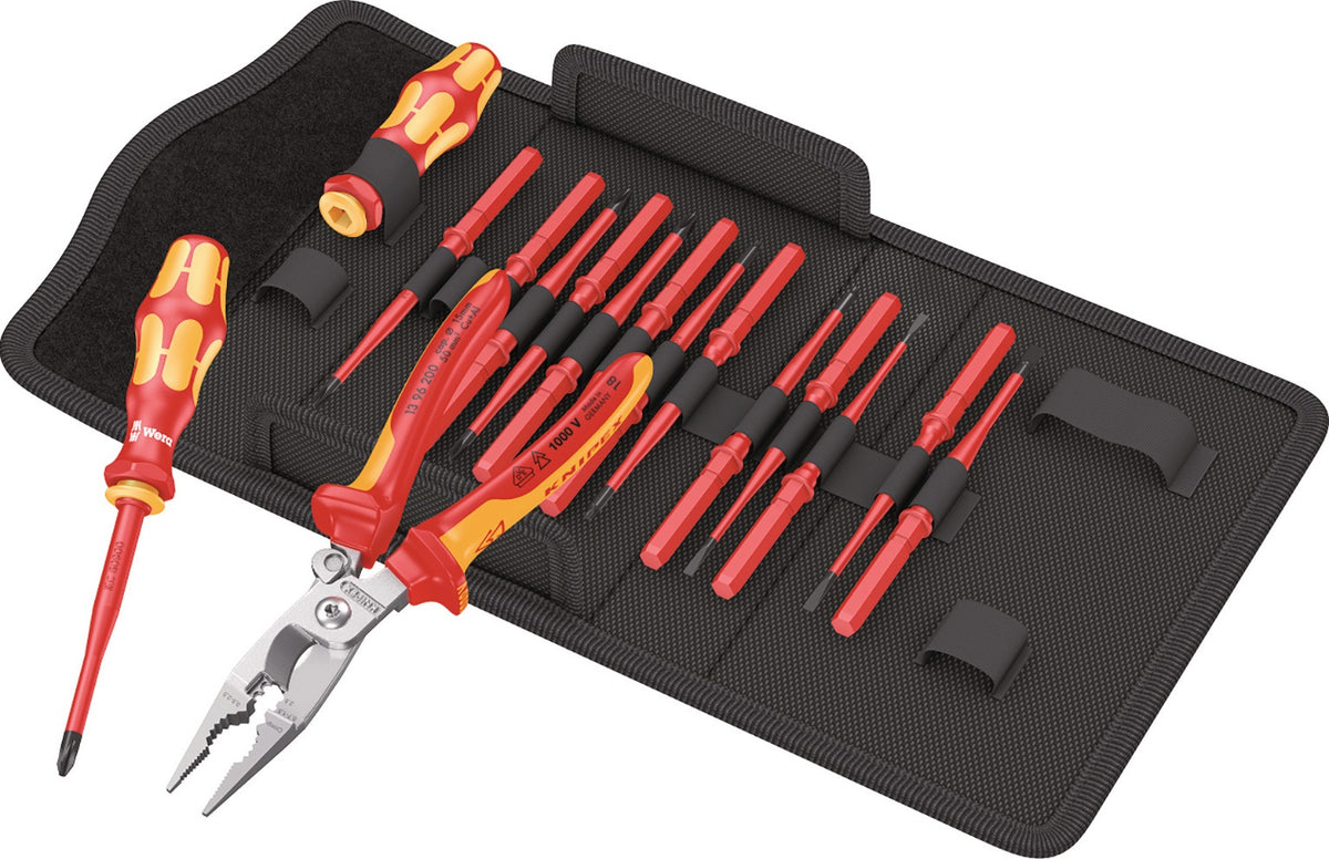 WERA Schraubendrehersatz KK VDE 17 extra slim 1 – 17-teilig, VDE-isoliert, mit Wechselklingen und KNIPEX Zange