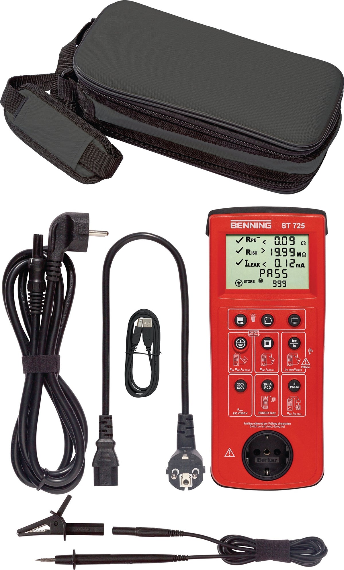 BENNING Gerätetester ST 725 – Batterie-/Netzbetrieb, VDE 0701/0702, 999 Speicherplätze