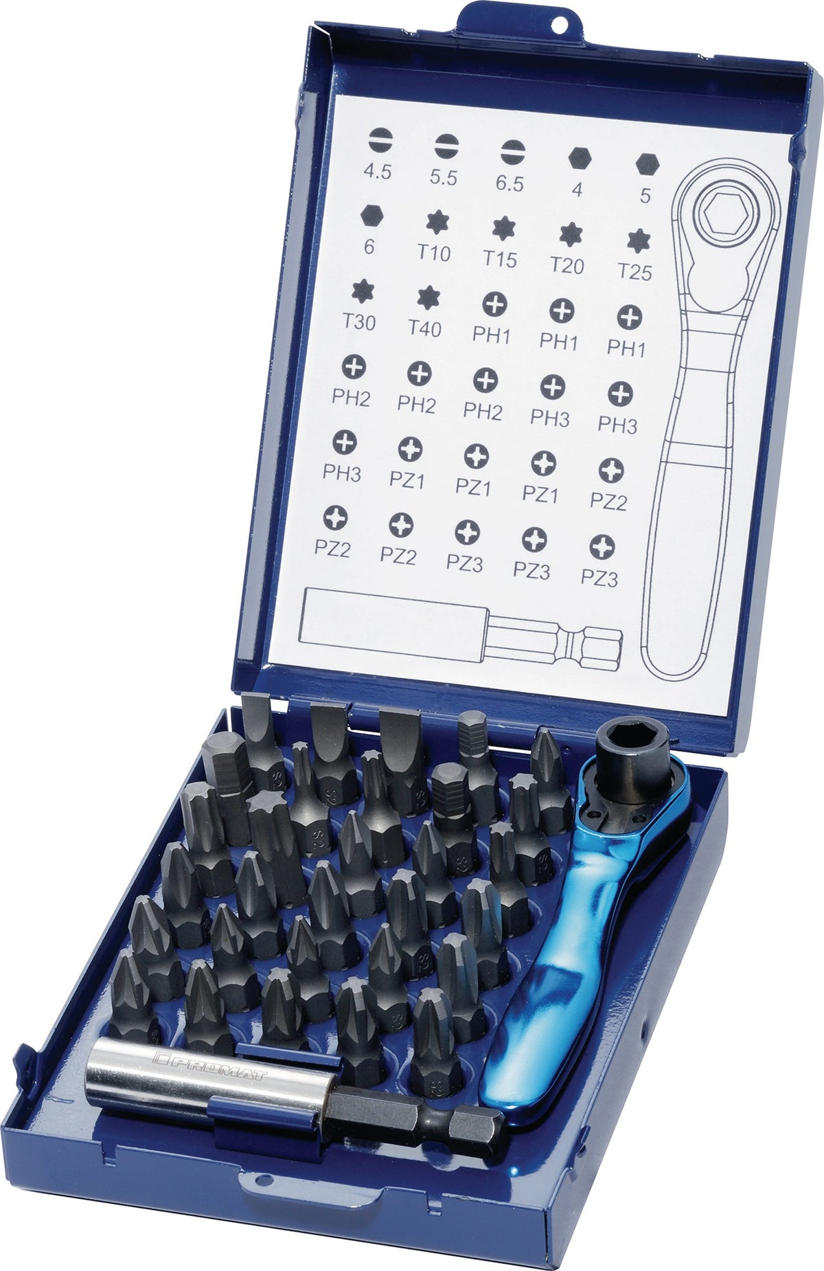 PROMAT Bitsortiment 32-teilig Schlitz/PH/PZD/T/6KT. mit Bitknarre und Magnet-Bithalter