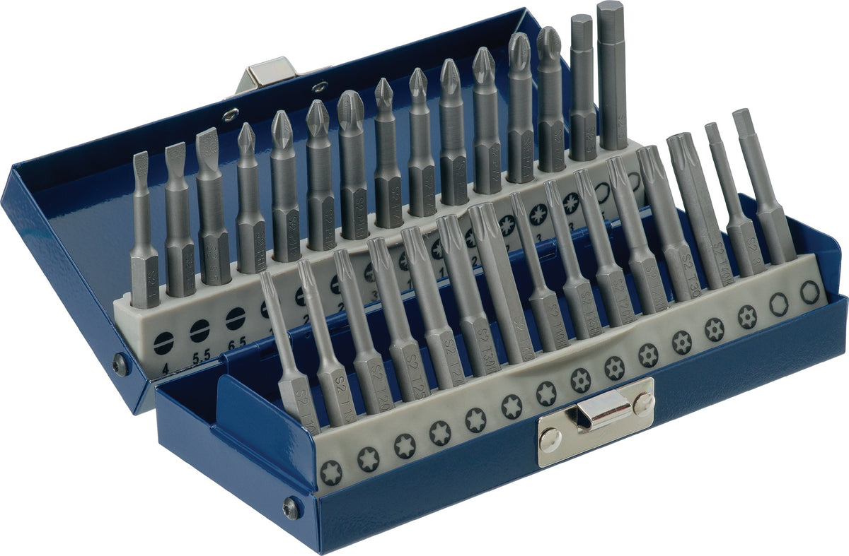 PROMAT Bitsortiment 30-teilig Schlitz/PH/PZD/TX/TX-BO/6Kt. – 50 mm Bits in Stahlblechkassette