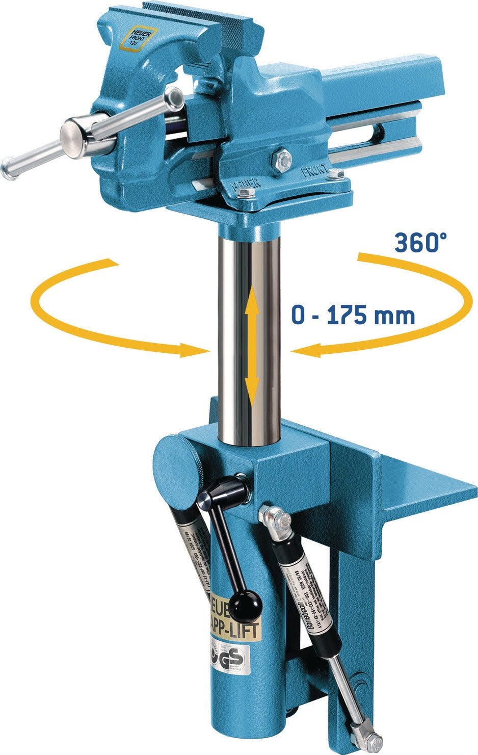 HEUER Abklapp- und Höhenverstellgerät für Backenbreite 120 mm – 360° drehbar, stufenlos höhenverstellbar