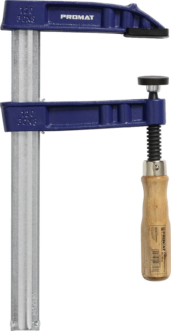 PROMAT Temperguss-Schraubzwinge 250 mm Spannweite, 120 mm Ausladung, Holzgriff – Sicherheitszwinge