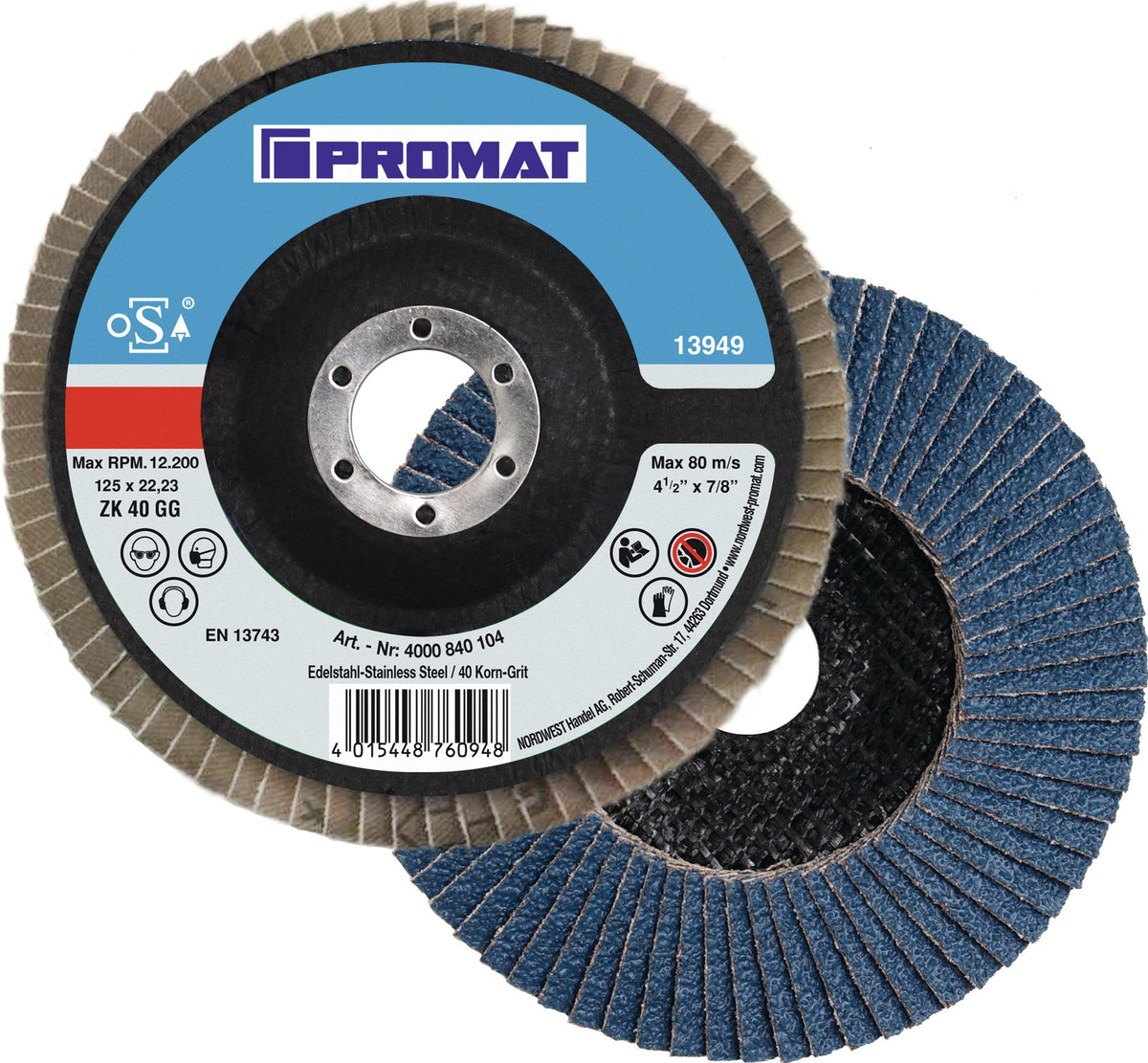 PROMAT Fächerscheibe Kehlnaht Ø125 mm K40 konisch INOX Zirkonkorund
