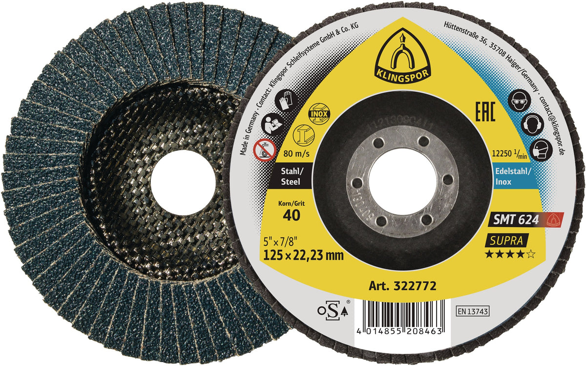 KLINGSPOR Fächerscheibe SMT 624 Supra Ø115 mm Körnung 40 – 10 Stück für INOX und Stahl
