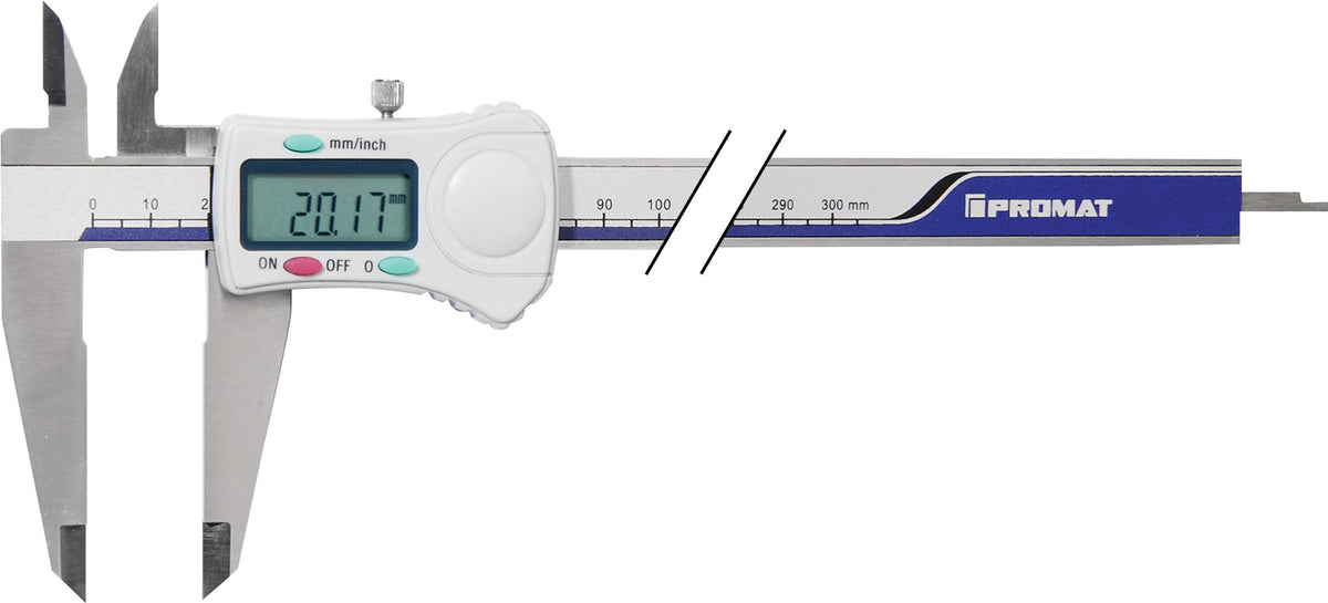 PROMAT Digitaler Messschieber DIN 862 100 mm mit Feststellschraube, eckigem Tiefenmaß und Batterie