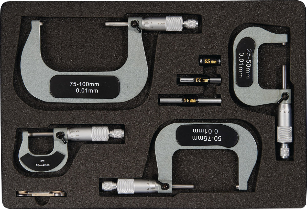 PROMAT Bügelmessschraubensatz DIN 863/1 0-100 mm – Analog mit 3 Einstellmaßen