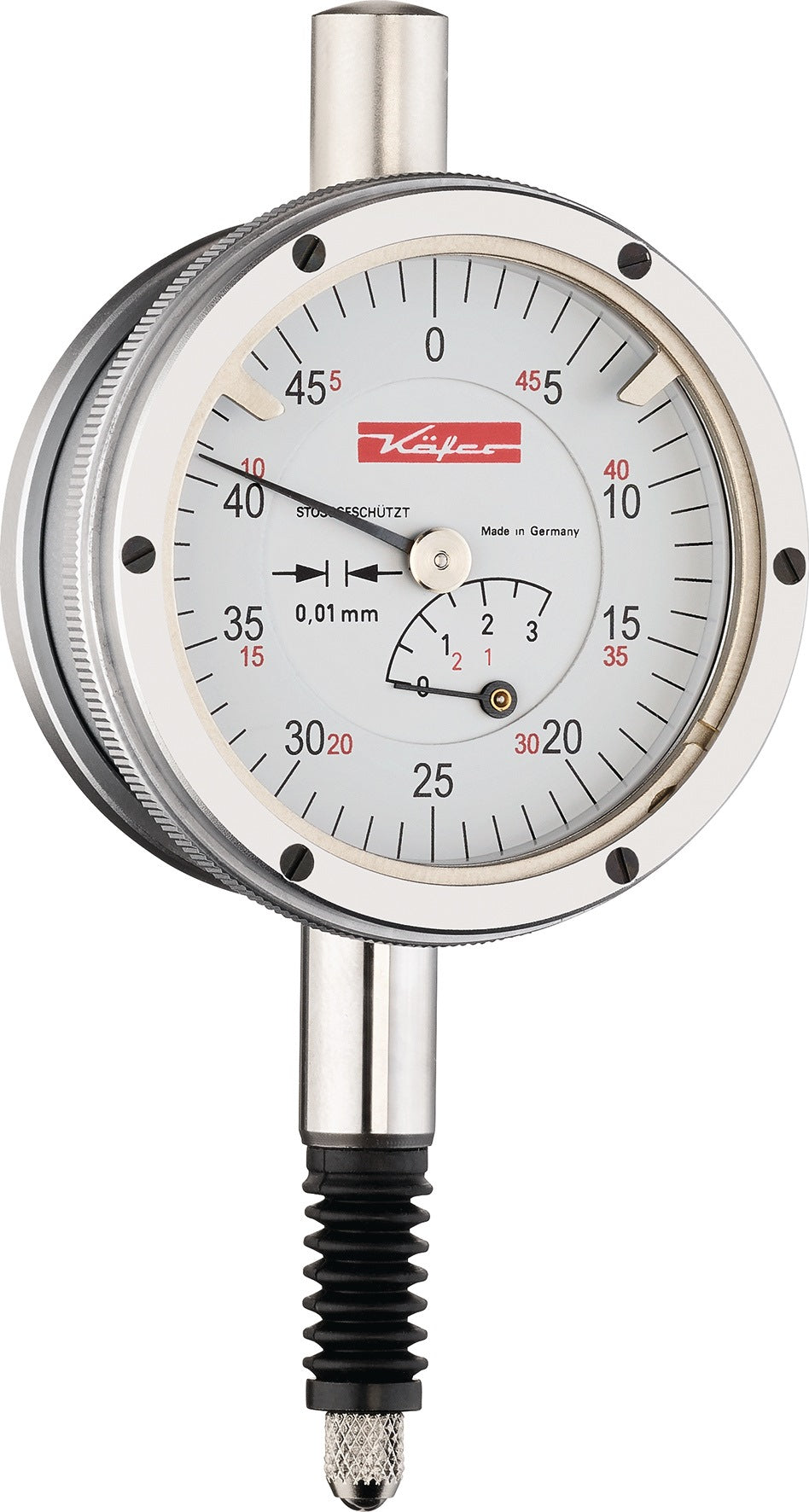 KÄFER Messuhr M2 SW 10 mm mit Stoßschutz – analoge Präzisionsmessuhr, Ablesung 0,01 mm