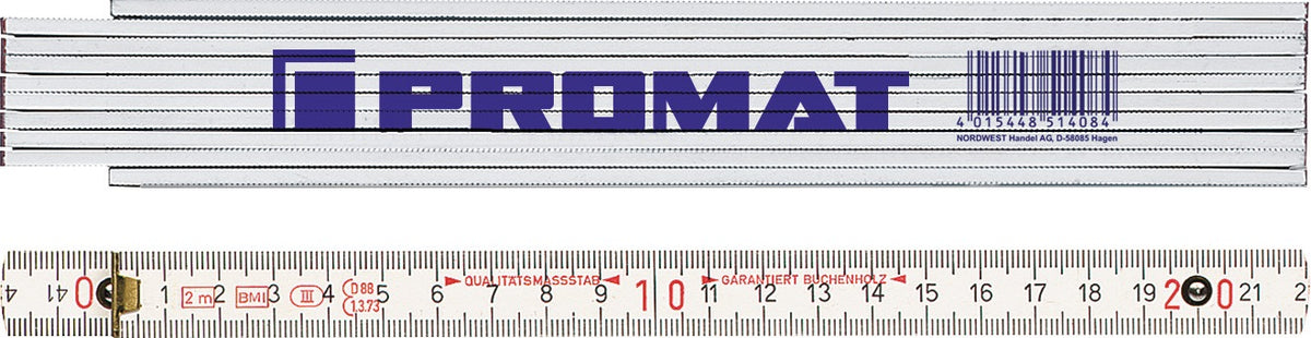 PROMAT Gliedermaßstab 2 m mm/cm EG III aus Buche, weiß lackiert