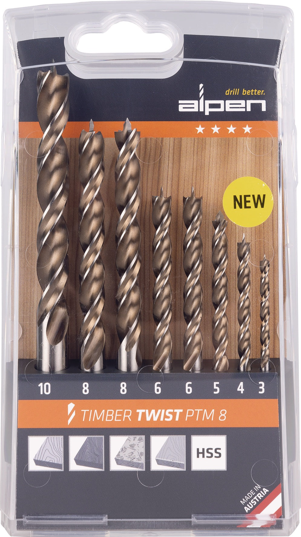ALPEN TIMBER TWIST Holzspiralbohrer-Satz 5-teilig Ø 4, 5, 6, 8, 10 mm für ausrissfreies Bohren