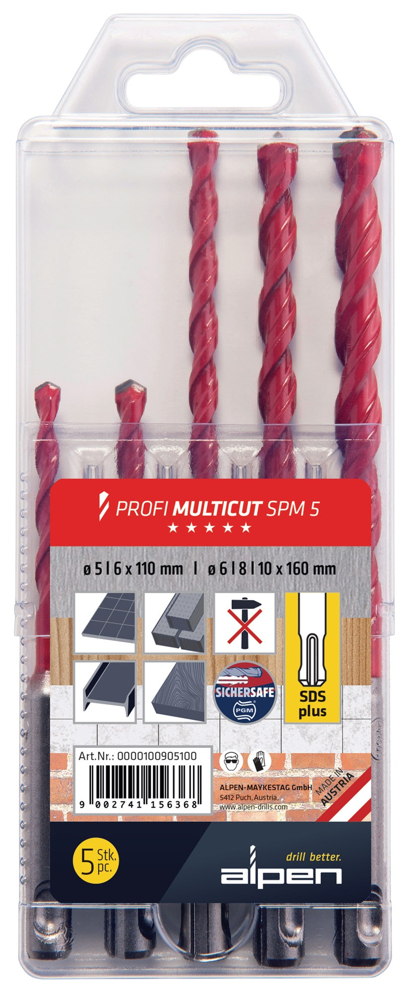 ALPEN Profi Multicut Universalbohrer-Set 3-teilig 5, 6, 8 mm – für Fliesen, Mauerwerk, Metall, Holz