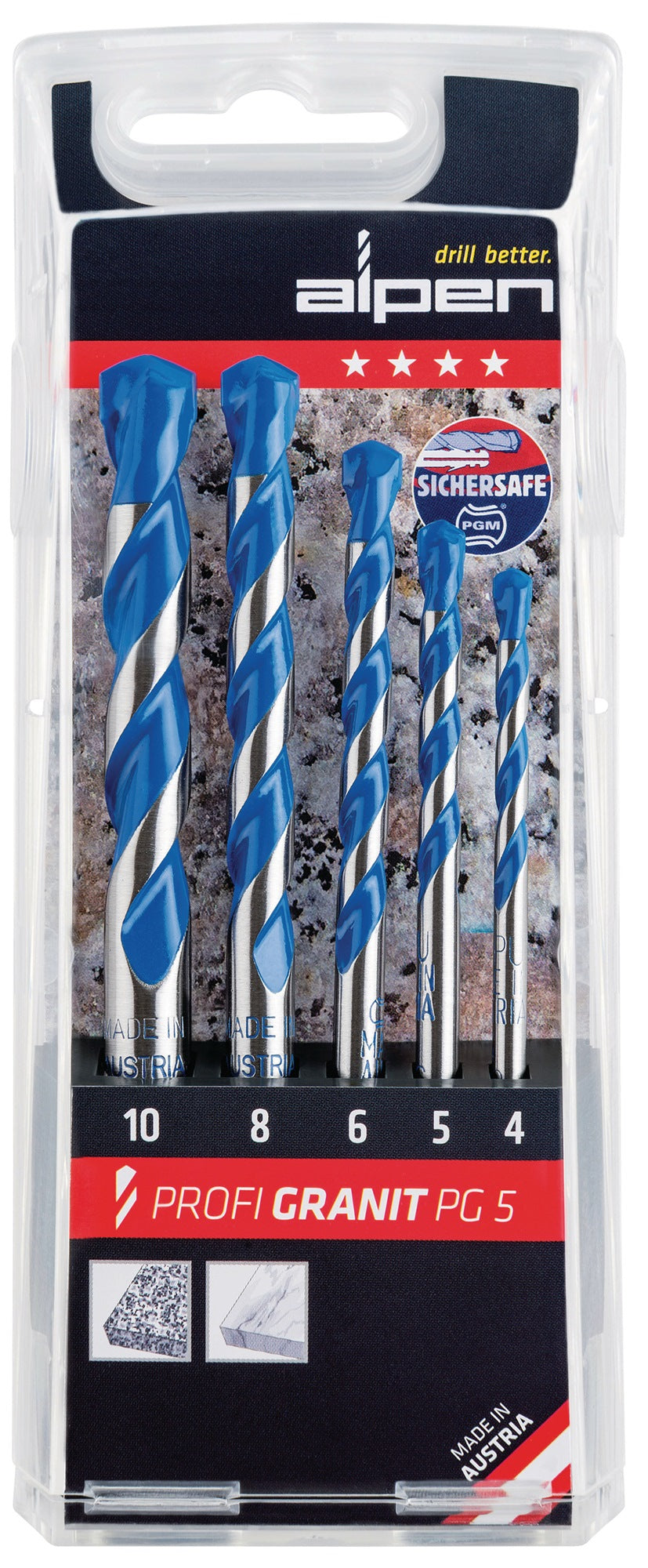 ALPEN Steinbohrersatz PROFI GRANIT 5-teilig Ø 4, 5, 6, 8, 10 mm für Granit und Marmor