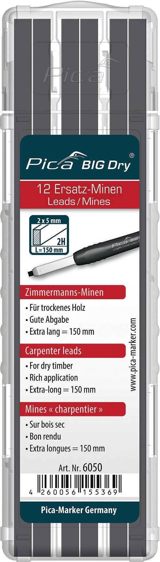Pica BIG-Dry Ersatzminen 12er-Set graphit – 2 x 5 mm Rechteckminen für Zimmermannsbleistift