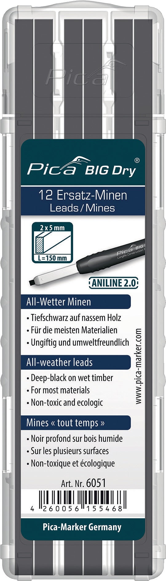 Pica BIG-Dry Ersatzminen 12er-Set graphit – 2 x 5 mm Rechteckminen für Zimmermannsbleistift