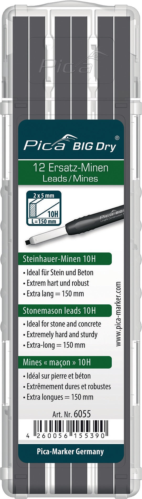 Pica BIG-Dry Ersatzminen 12er-Set graphit – 2 x 5 mm Rechteckminen für Zimmermannsbleistift
