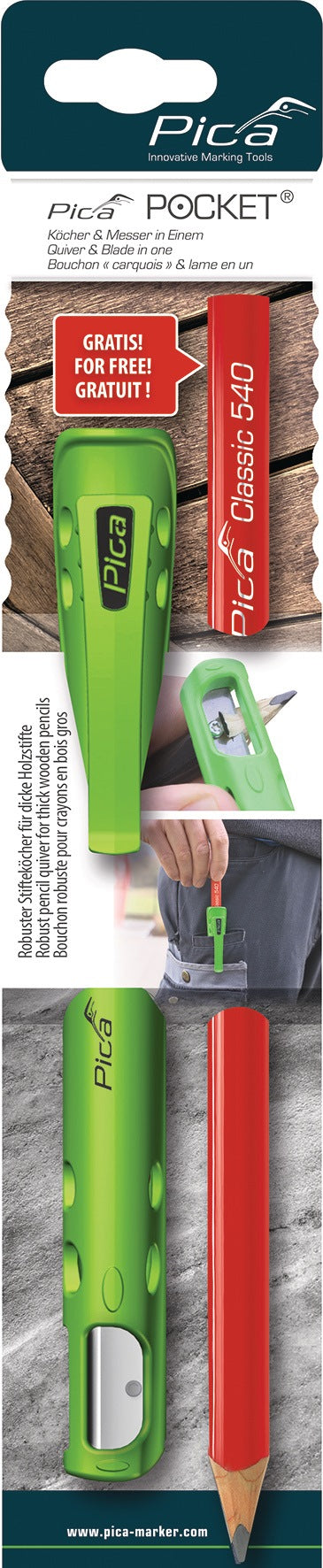 PICA Köcher Pocket für Blei- und Markierstifte mit integriertem Spitzmesser und Zimmermannsbleistift