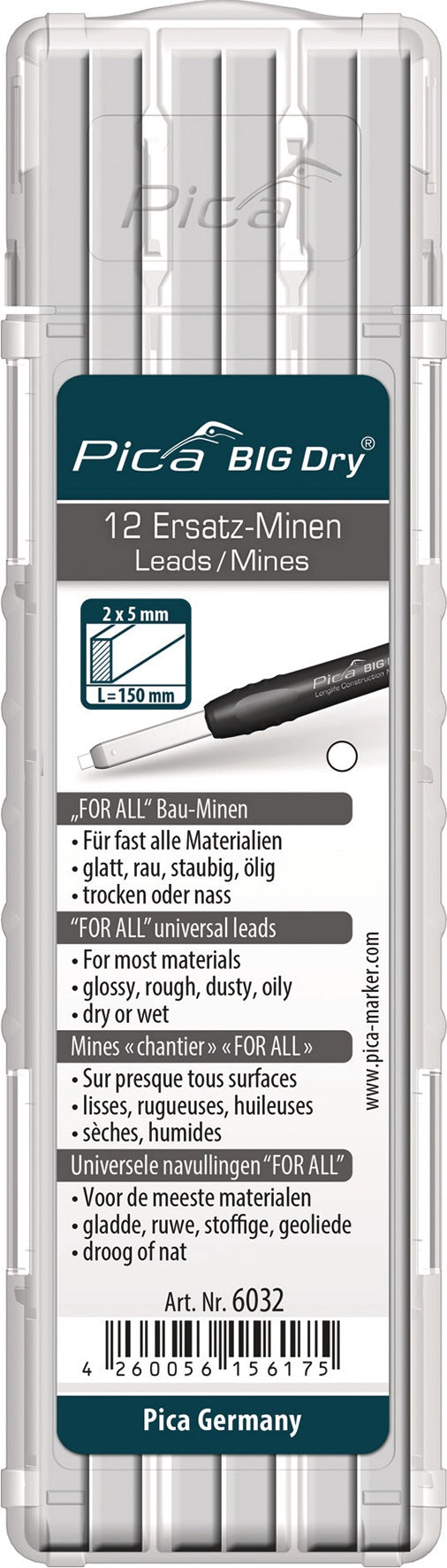 Pica BIG-Dry Ersatzminen 12er-Set graphit – 2 x 5 mm Rechteckminen für Zimmermannsbleistift