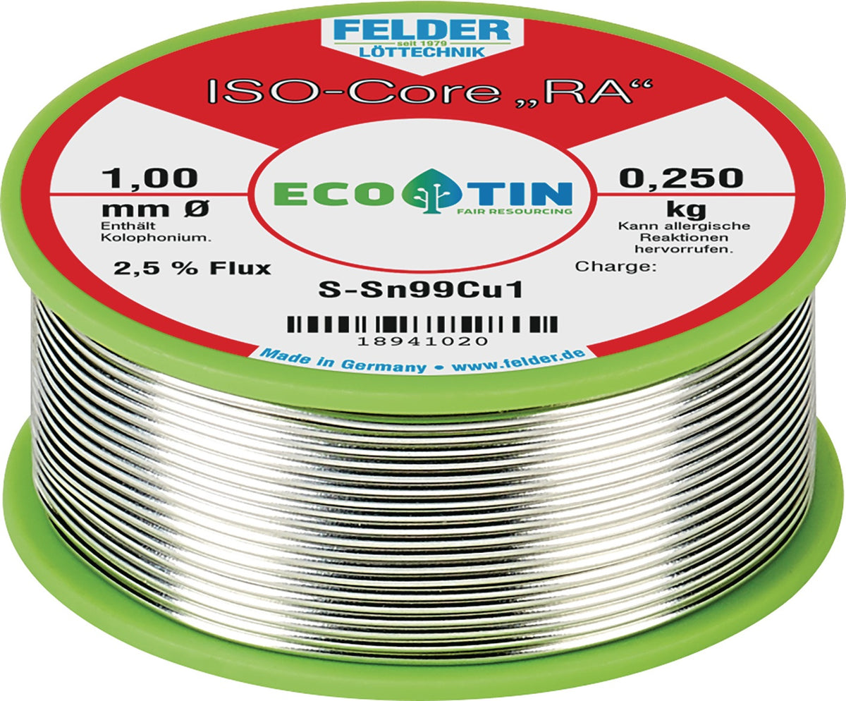 FELDER Lötdraht ISO-Core® RA 1 mm 250 g S-Sn99Cu1 – bleifrei, Flussmittel DIN EN 29454-1 1.1.2.B
