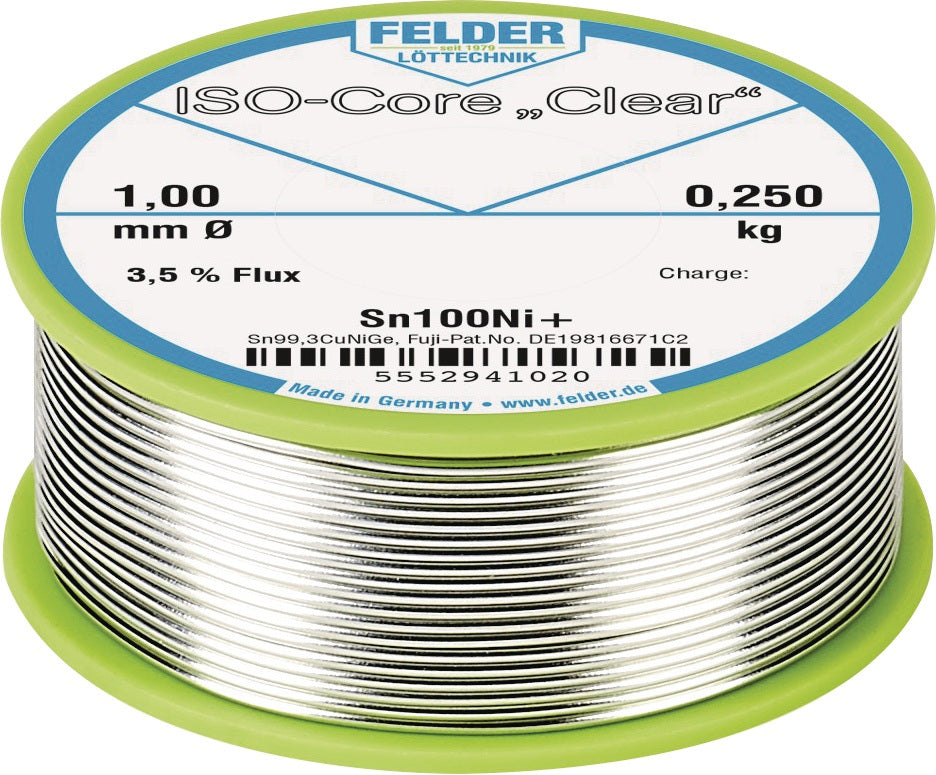 Lötdraht ISO-Core® Clear 1mm 100g Sn100Ni+ FELDER – Bleifrei, Schmelzpunkt 227°C