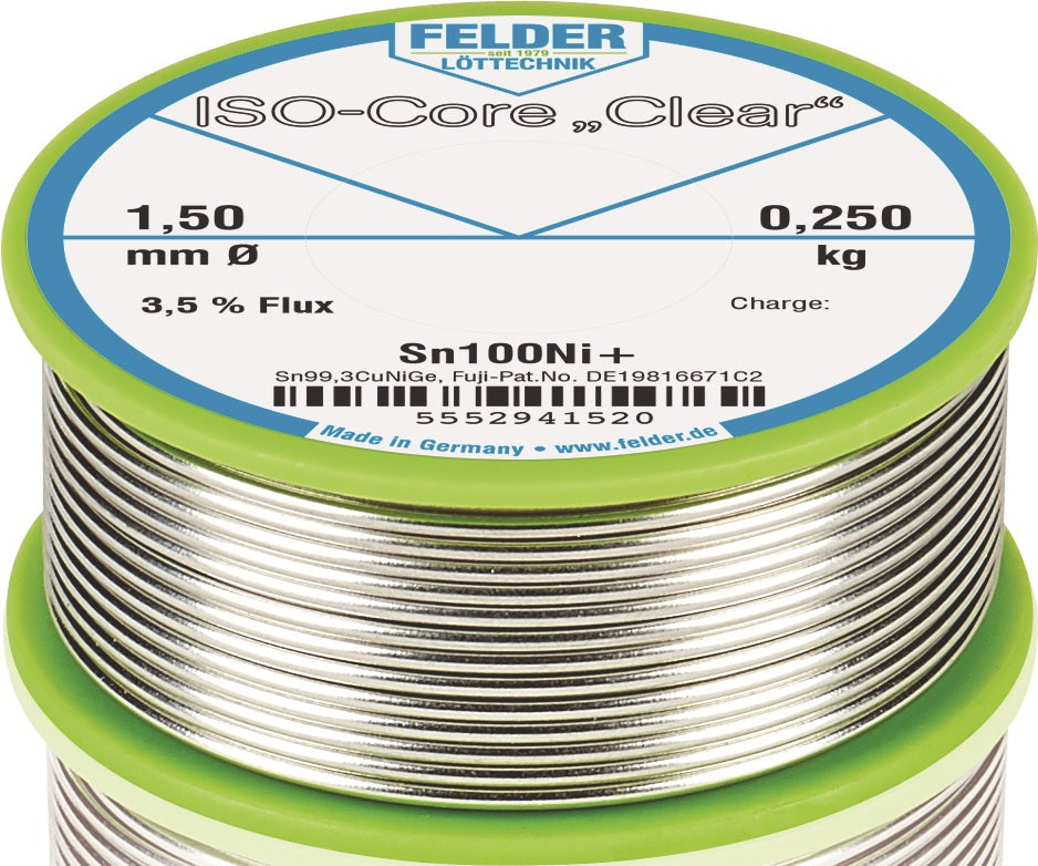 Lötdraht ISO-Core® Clear 1mm 100g Sn100Ni+ FELDER – Bleifrei, Schmelzpunkt 227°C