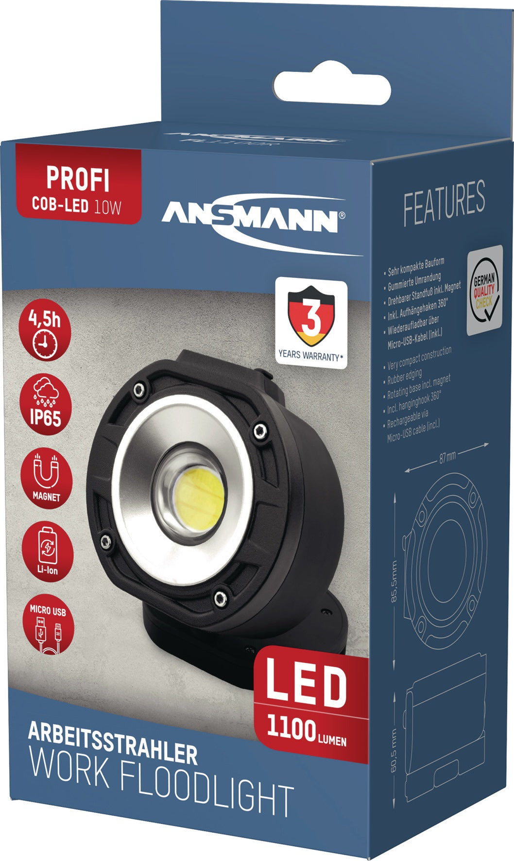 ANSMANN LED-Strahler FL1100R – 10 W, 1100 lm, Akku, IP65, 360° drehbar