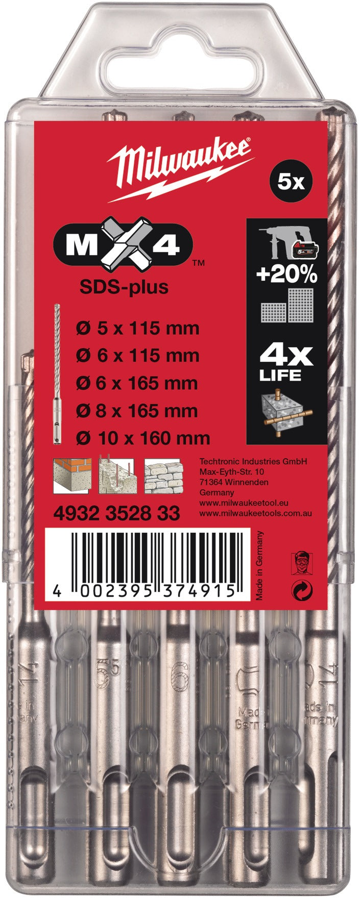 MILWAUKEE Hammerbohrersatz MX4 5-teilig SDS-plus in Kunststoffbox