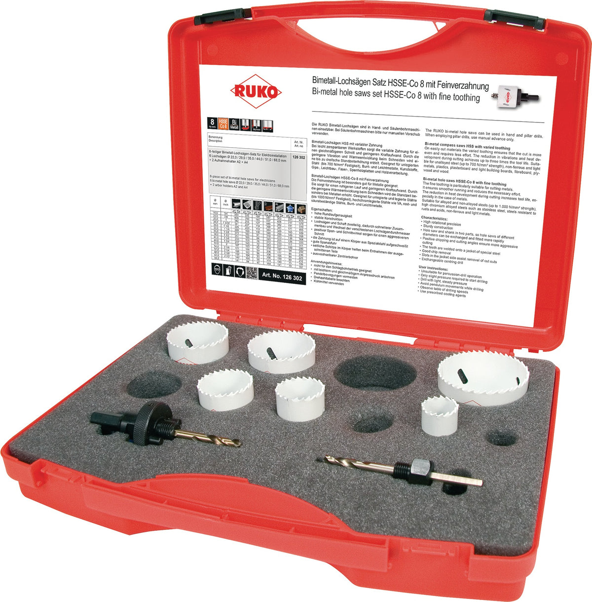 RUKO Lochsägensatz 8-teilig 22-68 mm HSSE-Co8-Bi-Metall für Sanitär