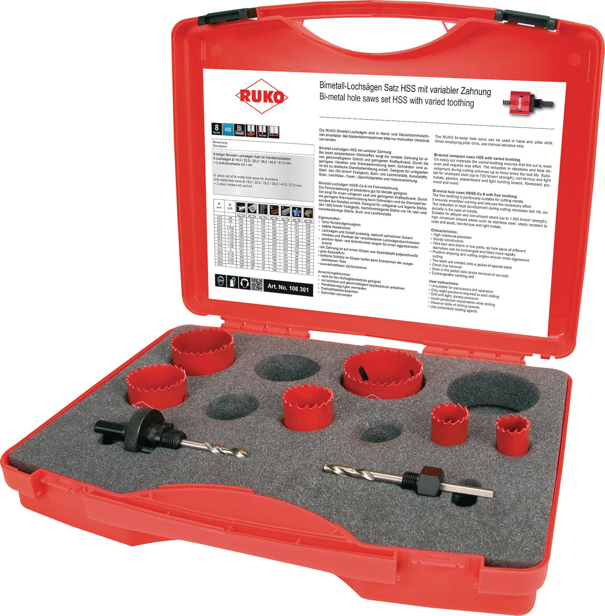 RUKO Lochsägensatz 8-teilig 19-57 mm HSS-Bi-Metall für Sanitär im Kunststoffkoffer
