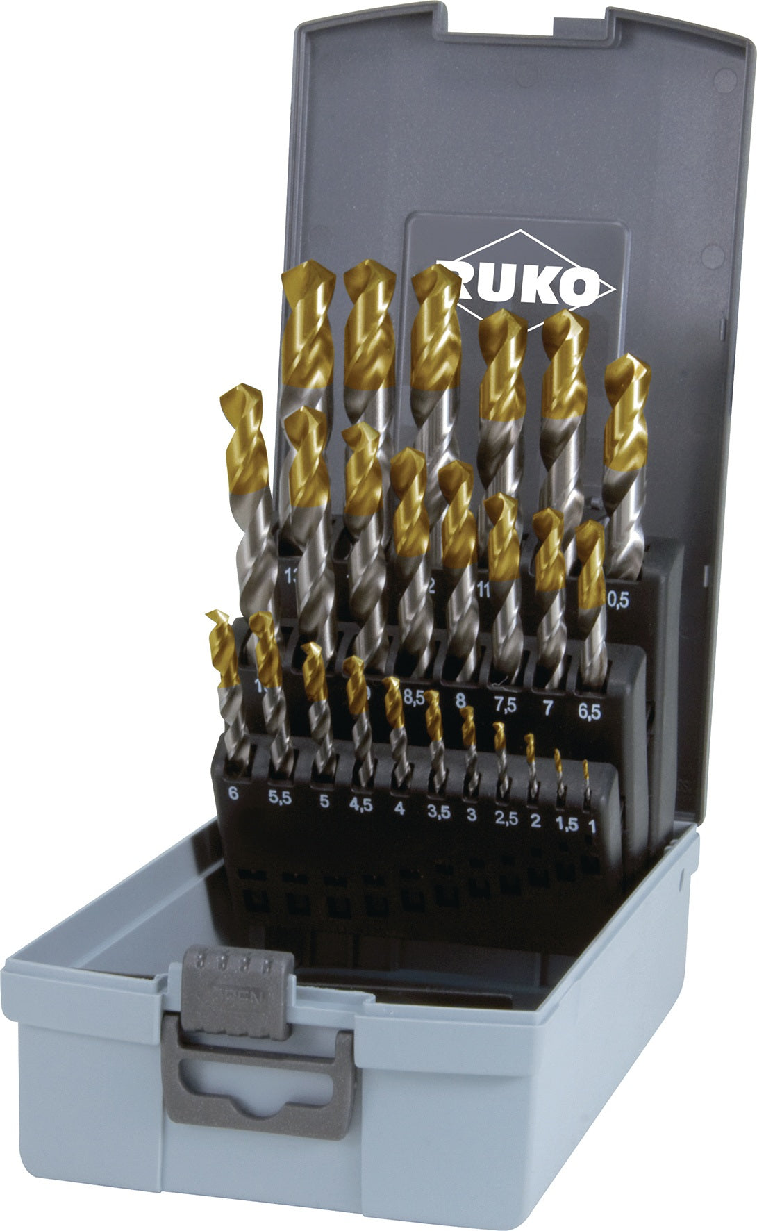 RUKO Spiralbohrersatz DIN 338 Typ N HSS TiN-kopfbeschichtet 19-teilig 1-10 mm