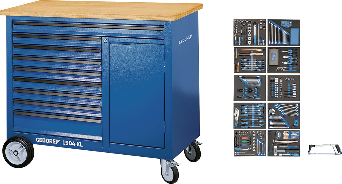 GEDORE Rollwerkbank 1504 XL – 7 Schubladen, 1000 kg, 1250 mm, Multiplex-Buchenholz