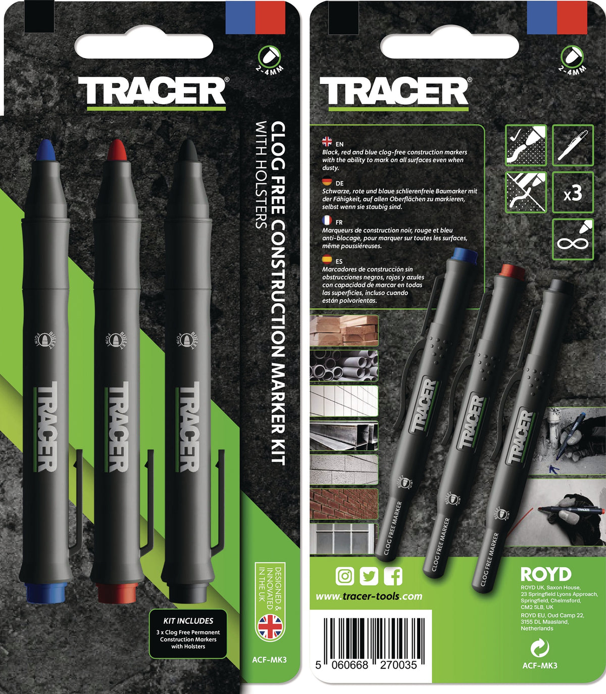 TRACER Clog Free Baumarkierungsset von OX TOOLS – 3 Marker für staubige, ölige & feuchte Oberflächen