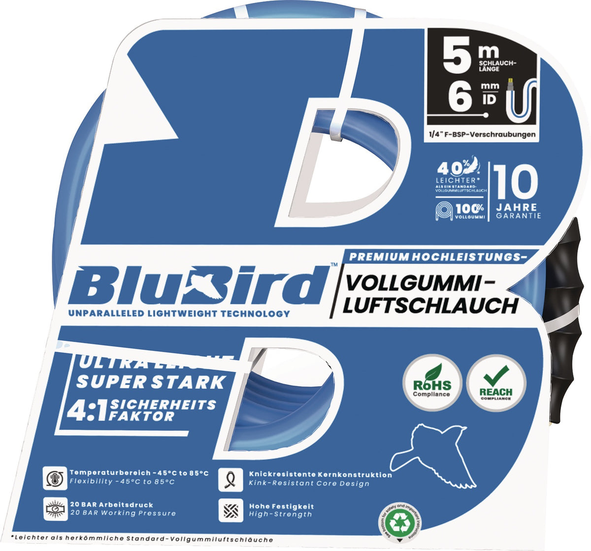 RIEGLER Werkstattschlauch-Set BluBird 10 m, ID 6 mm, AD 12 mm mit Sicherheitskupplung
