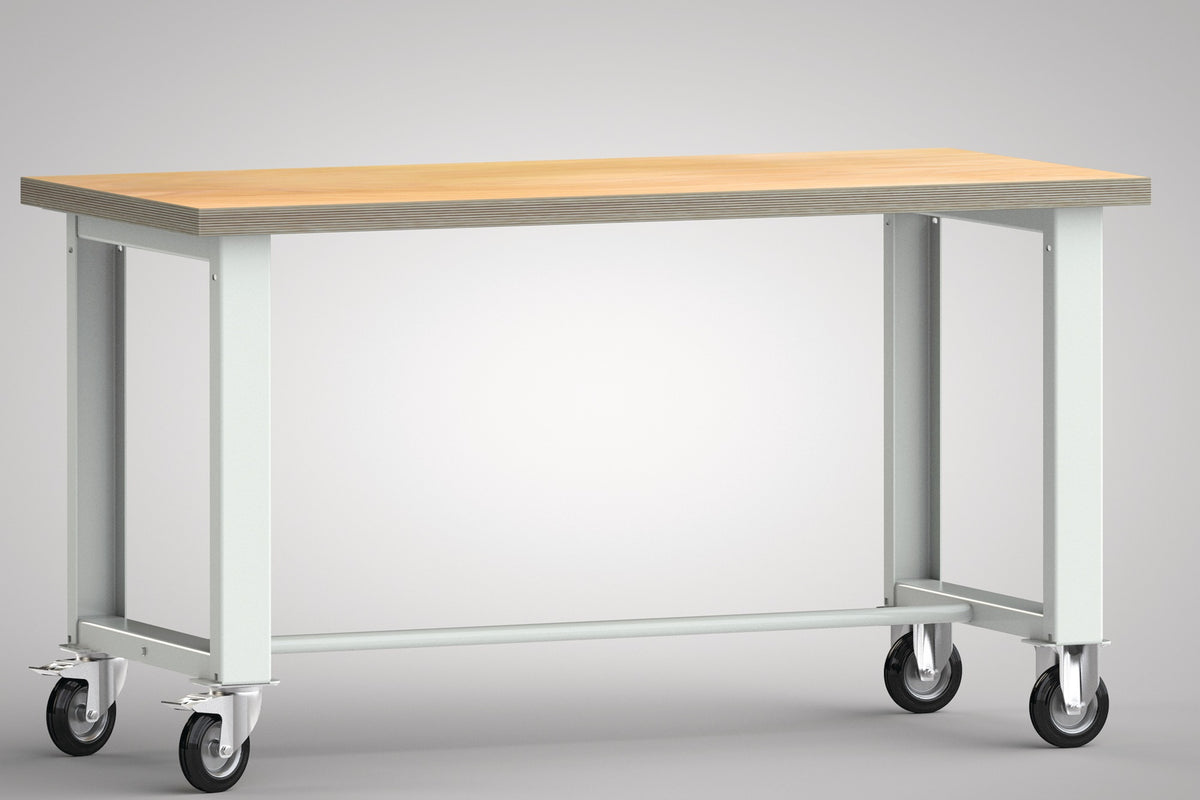 KLW-LUTZ Werkbank B1500 x T700 x H840 mm Buche Multiplex lichtgrau mit Bock- und Lenkrollen