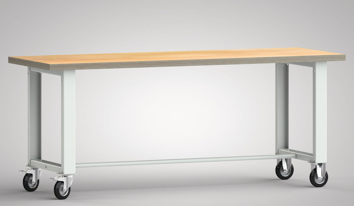 KLW-LUTZ Werkbank B1500 x T700 x H840 mm Buche Multiplex lichtgrau mit Bock- und Lenkrollen