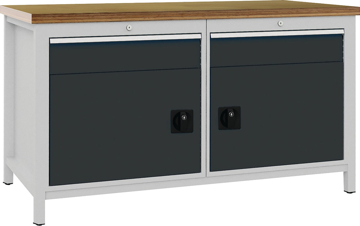 BEDRUNKA+HIRTH Werkbank signalblau lichtgrau 1500x859x750 mm Buche Multiplex 40 mm 1 Schublade 1 Tür