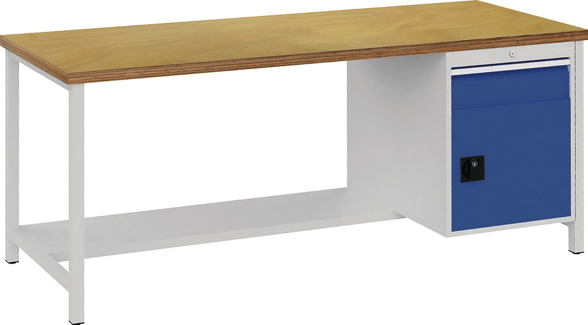 BEDRUNKA+HIRTH Werkbank signalblau lichtgrau 1500x859x750 mm Buche Multiplex 40 mm 1 Schublade 1 Tür