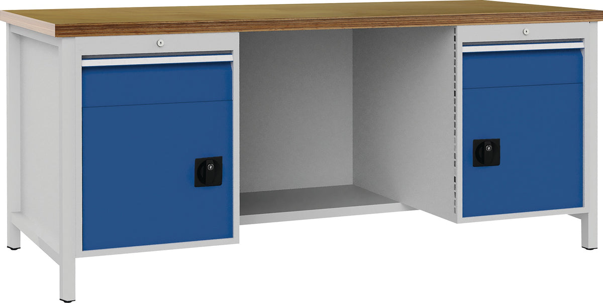 BEDRUNKA+HIRTH Werkbank signalblau lichtgrau 1500x859x750 mm Buche Multiplex 40 mm 1 Schublade 1 Tür